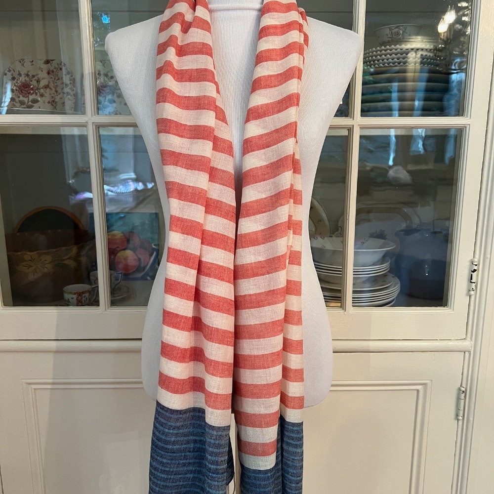 NEW Meg Cohen Cotton Striped Scarf, Red White & Blue, 28 x 71 Inches